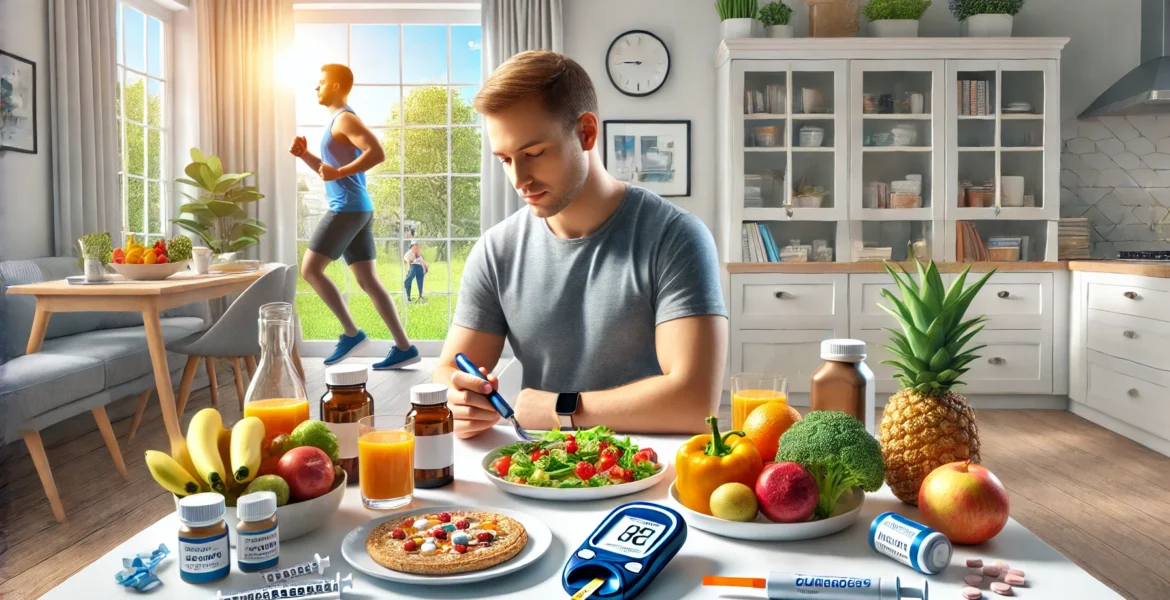 illustrating the management of Type 2 Diabetes, complete with a healthy meal, glucometer, medicines, and a bright, proactive setting.