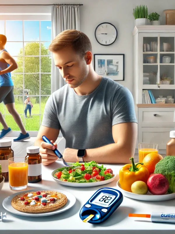 illustrating the management of Type 2 Diabetes, complete with a healthy meal, glucometer, medicines, and a bright, proactive setting.