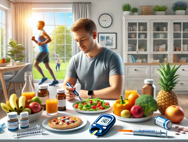 illustrating the management of Type 2 Diabetes, complete with a healthy meal, glucometer, medicines, and a bright, proactive setting.